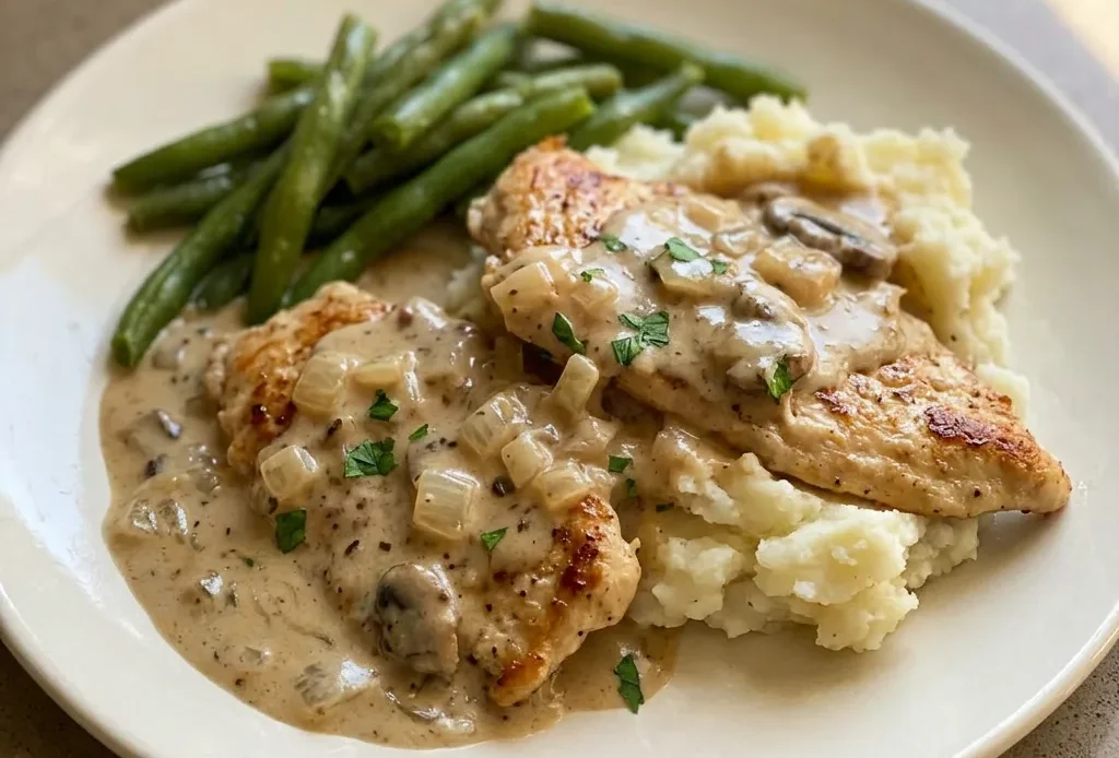 Top-down look at chicken pieces coated in creamy mushroom sauce, scattered with sliced onions and visible garlic flecks.