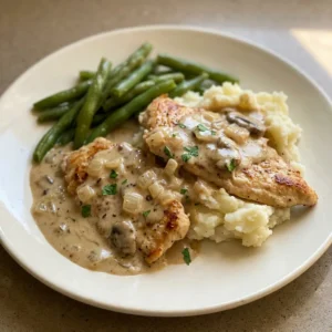 Top-down look at chicken pieces coated in creamy mushroom sauce, scattered with sliced onions and visible garlic flecks.