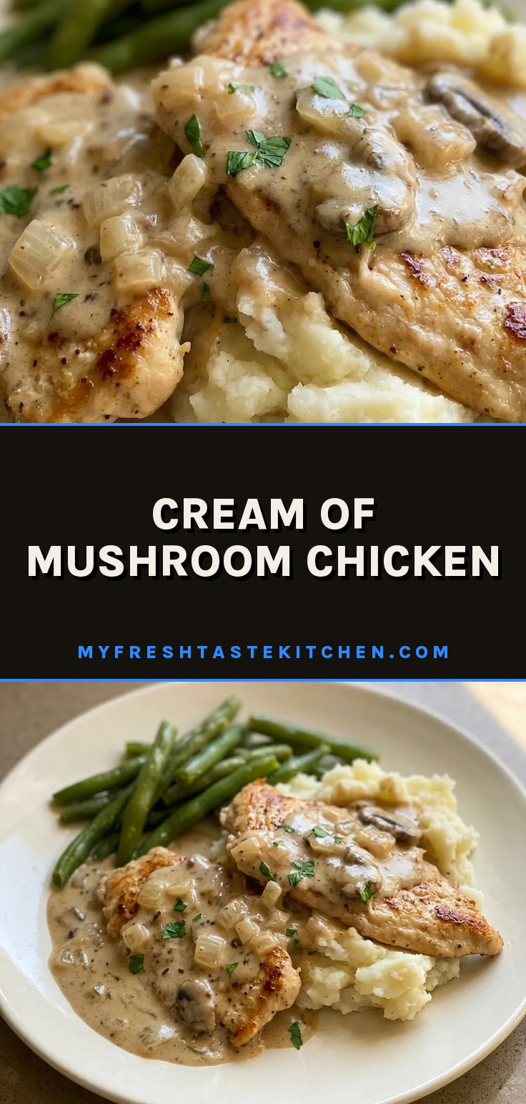 Top-down look at chicken pieces coated in creamy mushroom sauce, scattered with sliced onions and visible garlic flecks.