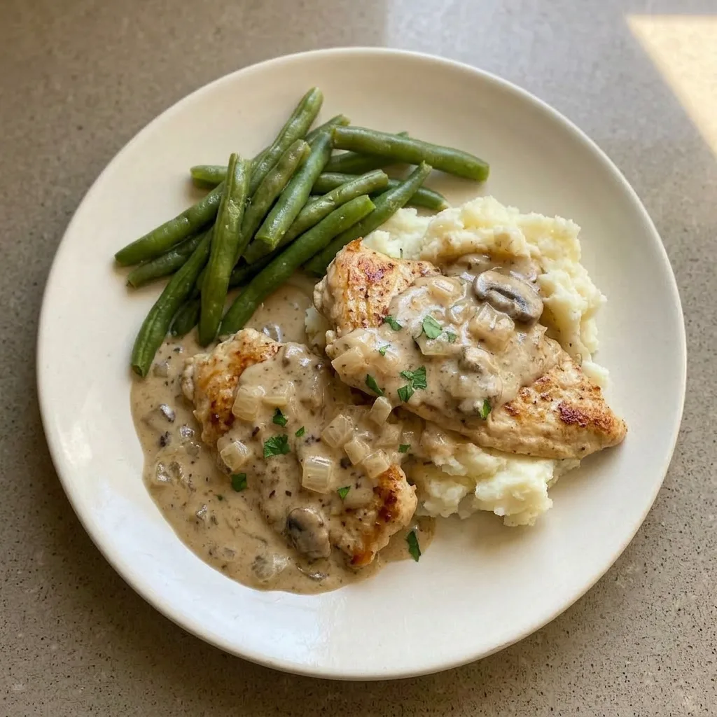A serving of chicken breast in thick mushroom soup sauce, topped with soft onion strips and garlic powder specks.