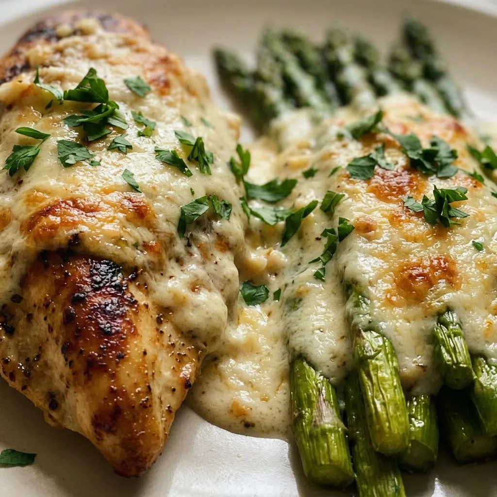 Up close, a juicy chicken breast is coated in a rich cream sauce with bubbly mozzarella and grated Parmesan, with bright green asparagus alongside.
