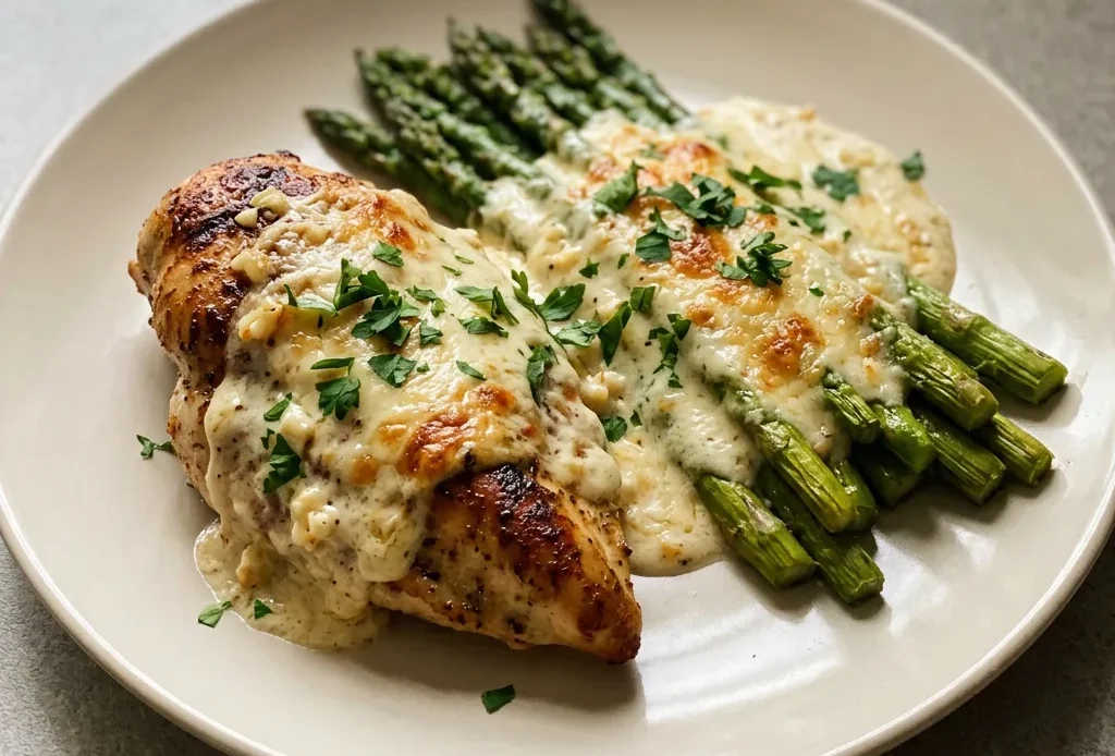 Looking down at a creamy baked chicken breast topped with melted mozzarella and Parmesan, surrounded by tender asparagus spears.