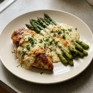 Looking down at a creamy baked chicken breast topped with melted mozzarella and Parmesan, surrounded by tender asparagus spears.
