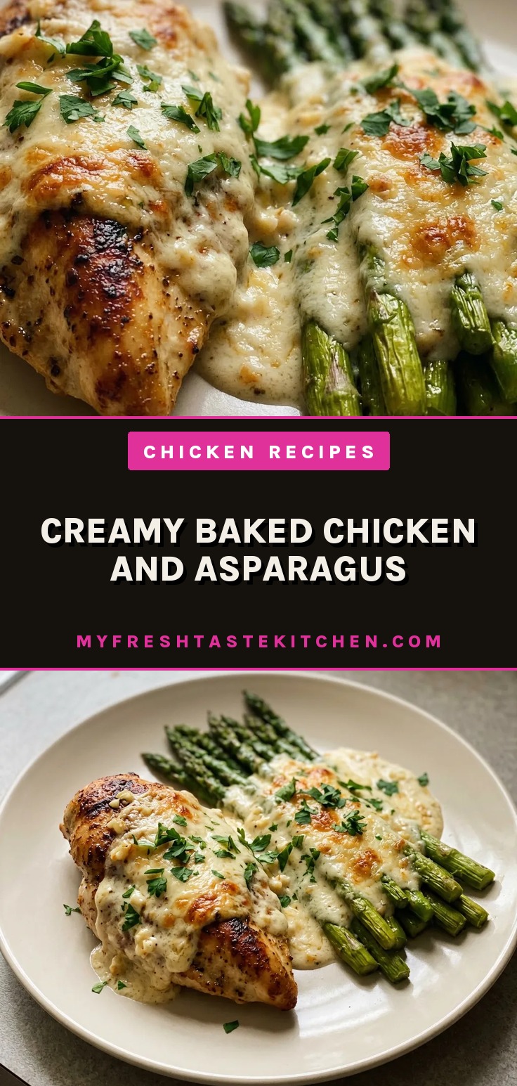 Looking down at a creamy baked chicken breast topped with melted mozzarella and Parmesan, surrounded by tender asparagus spears.