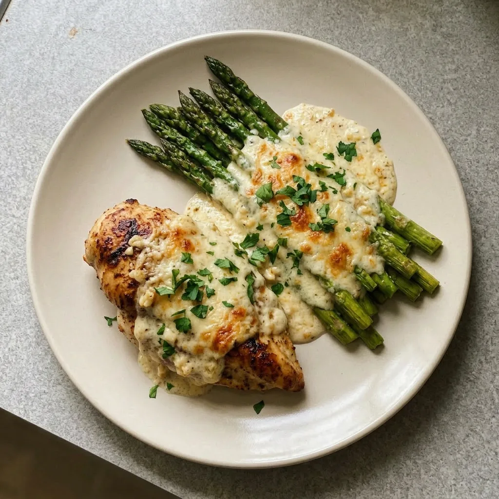A plate of creamy baked chicken and asparagus, featuring a golden chicken breast topped with mozzarella and Parmesan cheese, with asparagus spears.