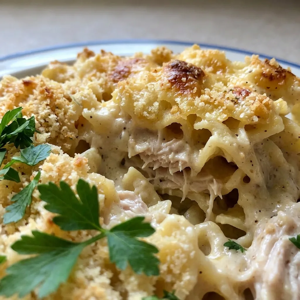 Zoomed in on a forkful of chicken, egg noodles, and melted cheddar cheese in a creamy sauce.