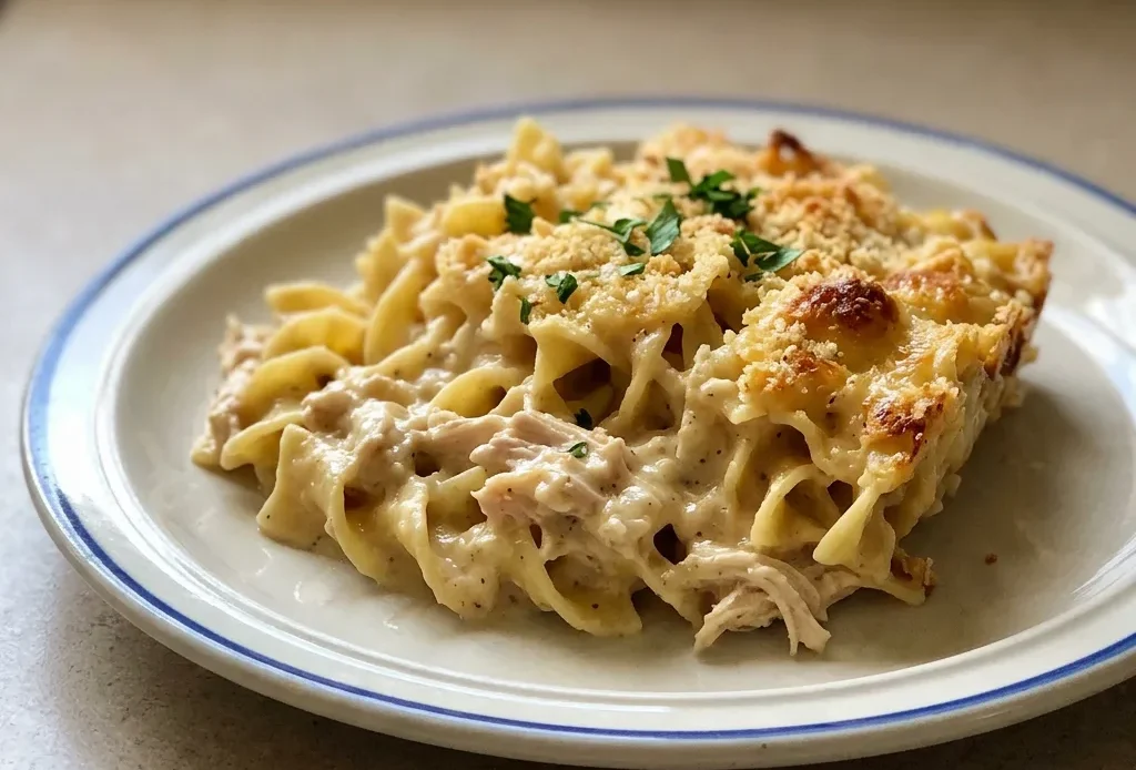 Bird's-eye view of a creamy chicken noodle casserole with egg noodles, shredded cheddar, and visible chunks of chicken.