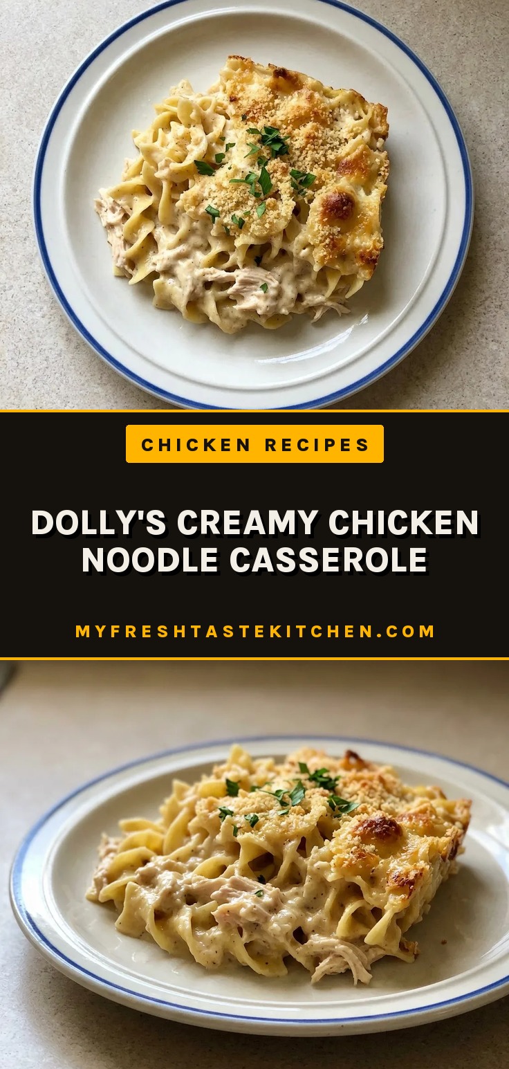 Bird's-eye view of a creamy chicken noodle casserole with egg noodles, shredded cheddar, and visible chunks of chicken.