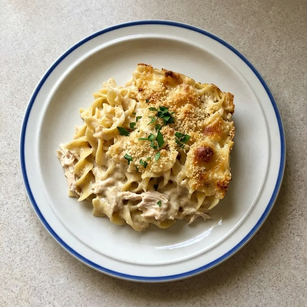 Ready to serve: a creamy chicken noodle casserole topped with melted cheddar cheese.