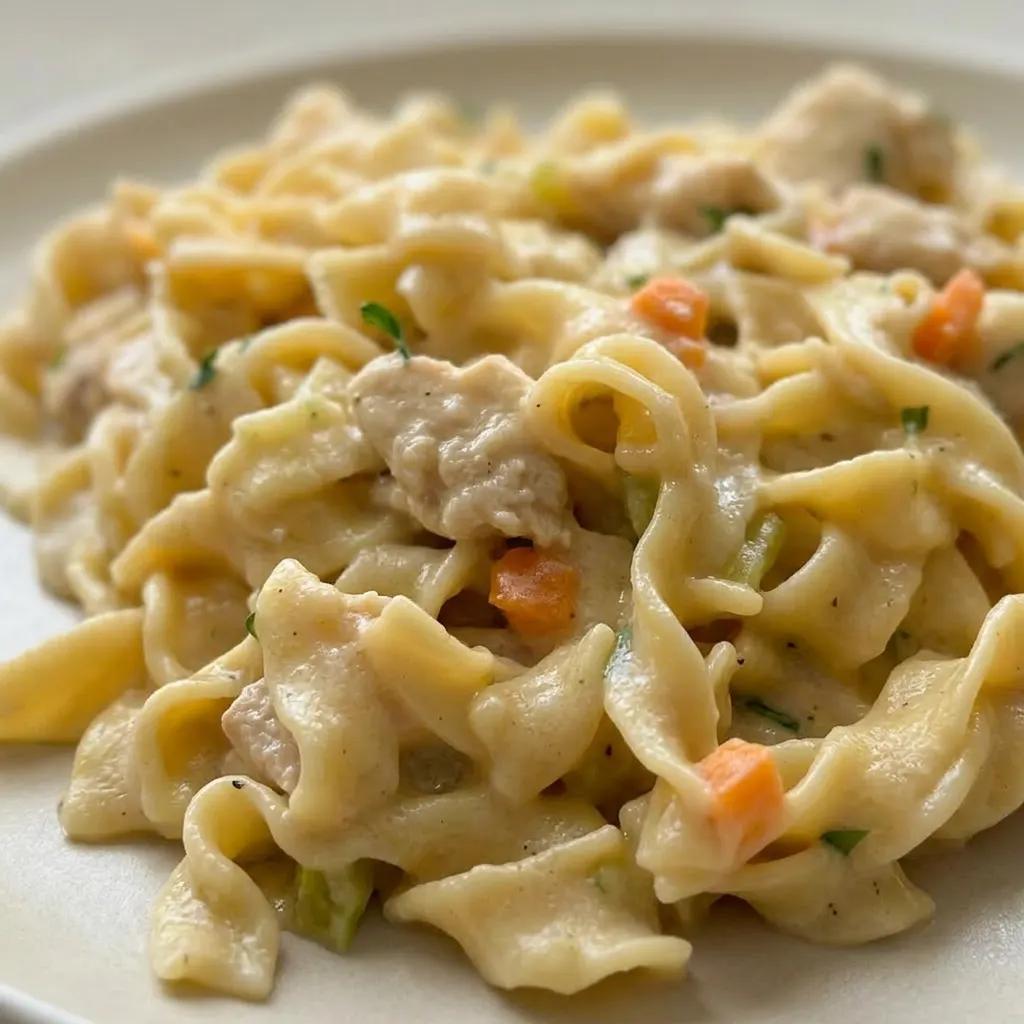 Up close, a fork twirls egg noodles coated in creamy sauce, with visible pieces of chicken, carrot, and celery.