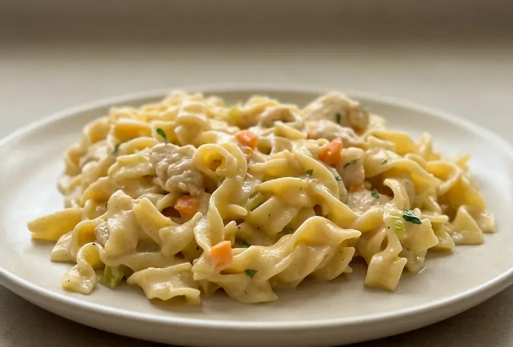 Looking down at creamy chicken and egg noodles with chunks of chicken, carrots, celery, and onion in a light sauce.