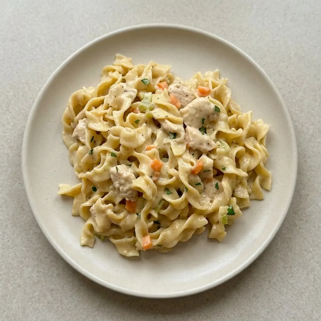 A plate of creamy chicken and noodles topped with parsley, with chicken chunks, carrots, and celery visible.