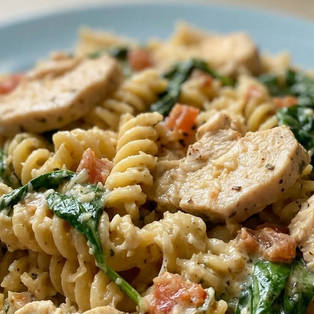Macro detail of tender chicken, wilted spinach, and creamy sauce coating the pasta.