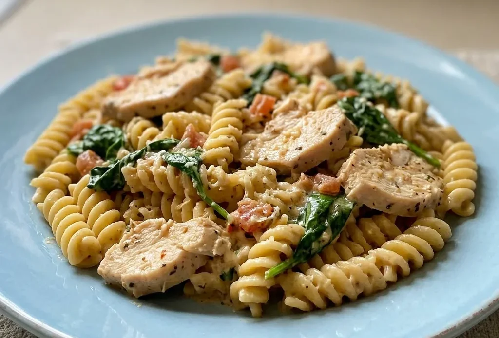 Top-down look at creamy garlic pasta with spinach, chicken pieces, and melted parmesan.