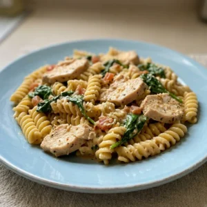 Top-down look at creamy garlic pasta with spinach, chicken pieces, and melted parmesan.