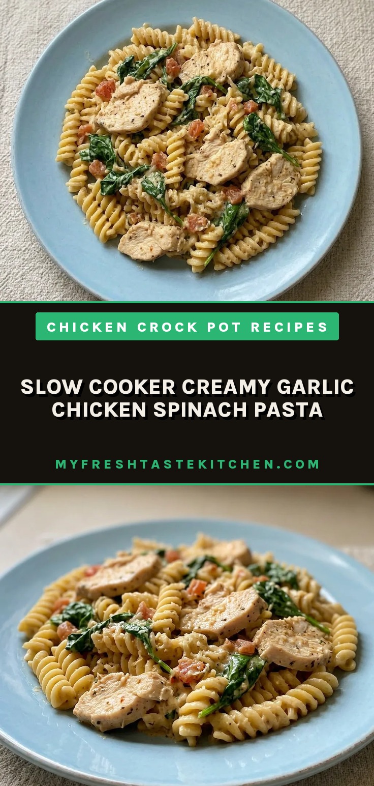 Top-down look at creamy garlic pasta with spinach, chicken pieces, and melted parmesan.