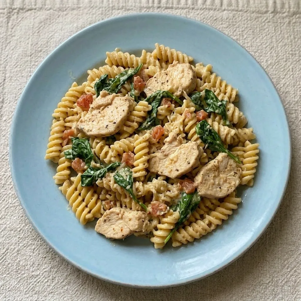 A serving of pasta with garlic cream sauce, spinach, chicken, and parmesan cheese.