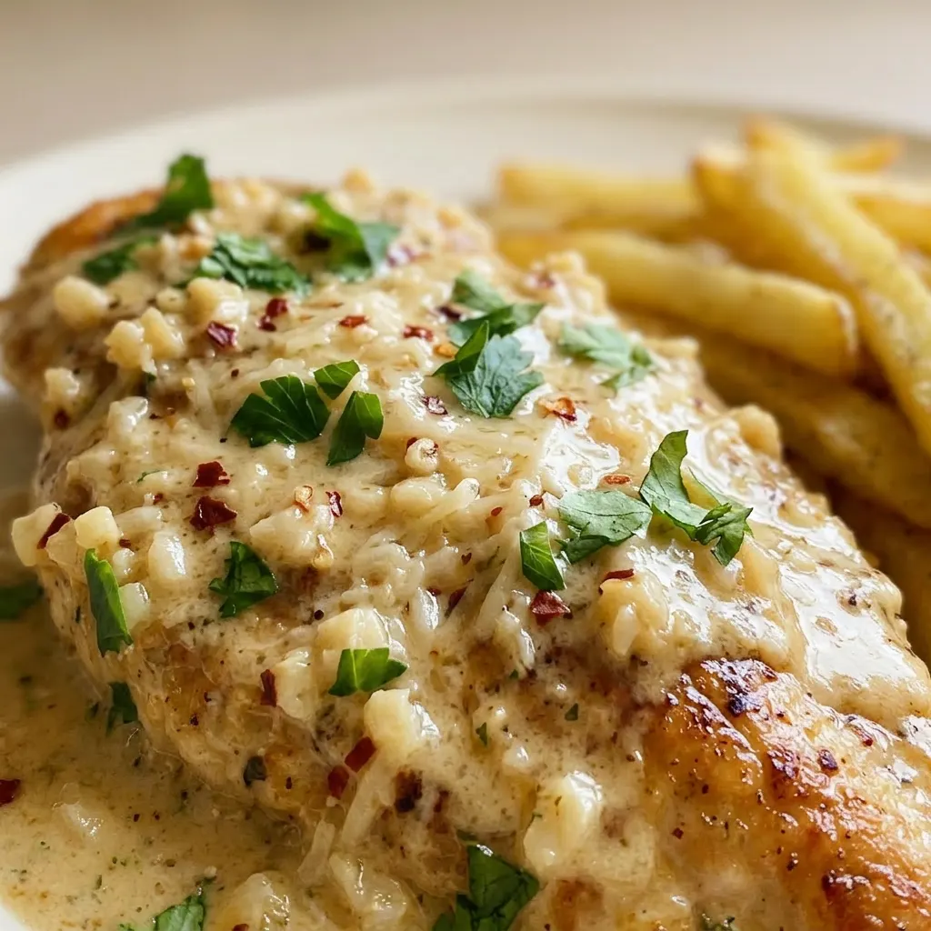Up close, a chicken fillet coated in creamy garlic parmesan sauce with visible garlic pieces and red pepper flakes, fries on the side.