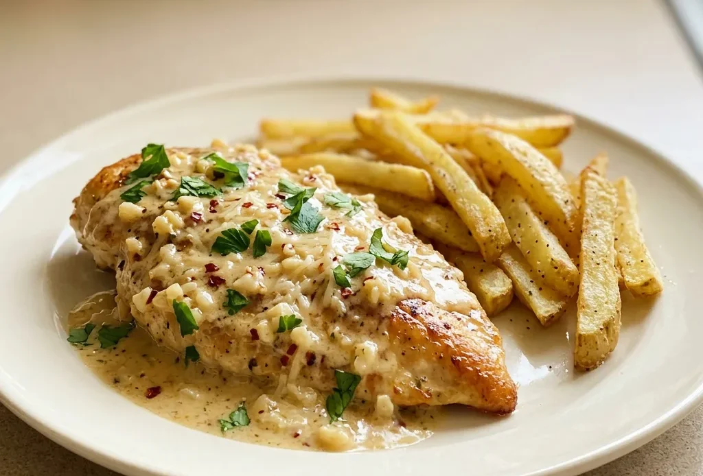 Looking down at a creamy garlic parmesan chicken fillet topped with red pepper flakes, served with fries.