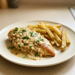 Looking down at a creamy garlic parmesan chicken fillet topped with red pepper flakes, served with fries.