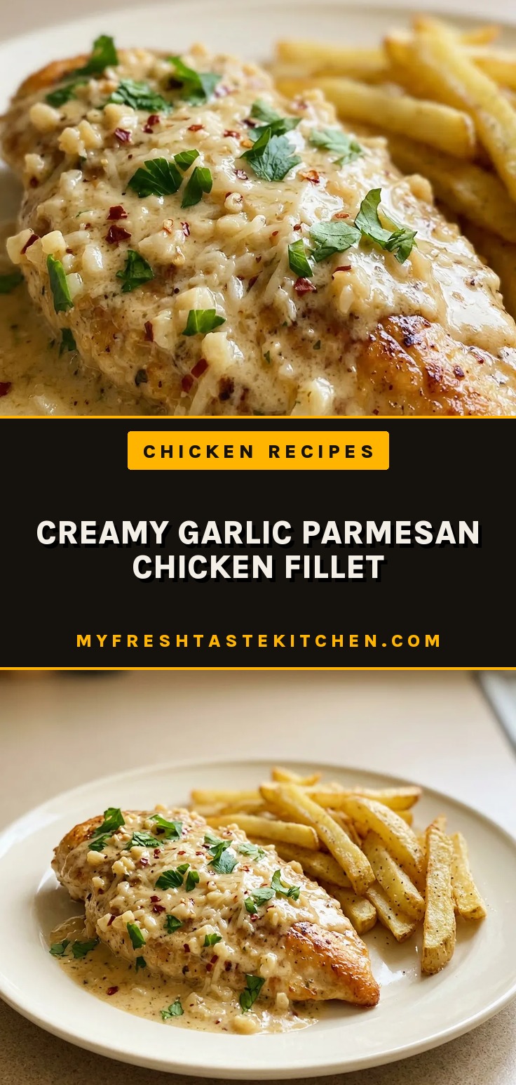 Looking down at a creamy garlic parmesan chicken fillet topped with red pepper flakes, served with fries.