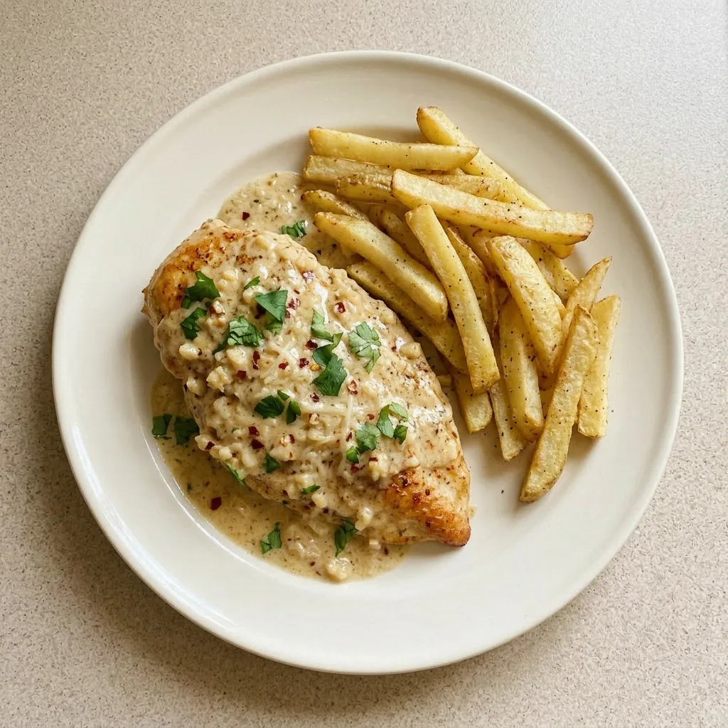 A plate of chicken fillet with creamy garlic parmesan sauce, sprinkled with red pepper flakes, accompanied by crispy fries.