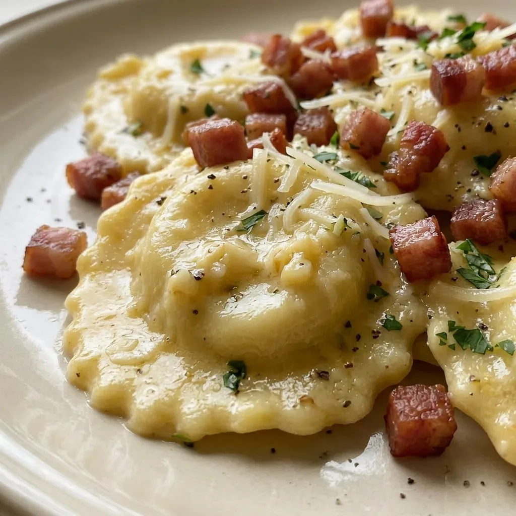 Close view of ravioli coated in creamy sauce with visible pancetta bits and Parmesan shavings.