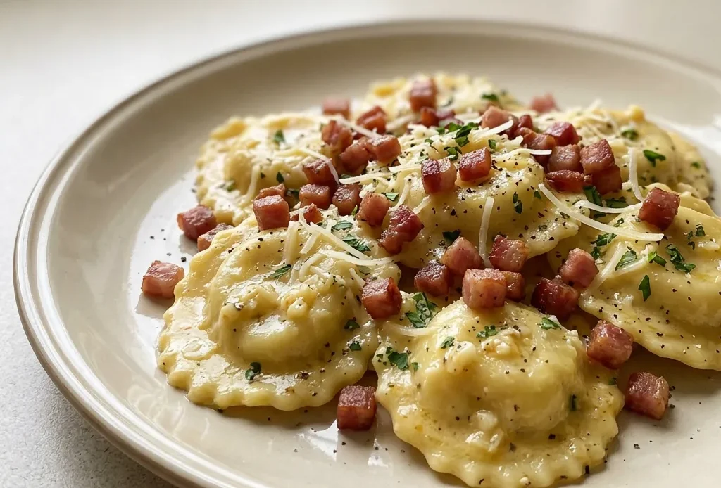 Overhead shot of creamy ravioli carbonara topped with pancetta, Parmesan, and garlic.