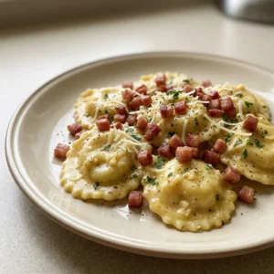 Overhead shot of creamy ravioli carbonara topped with pancetta, Parmesan, and garlic.