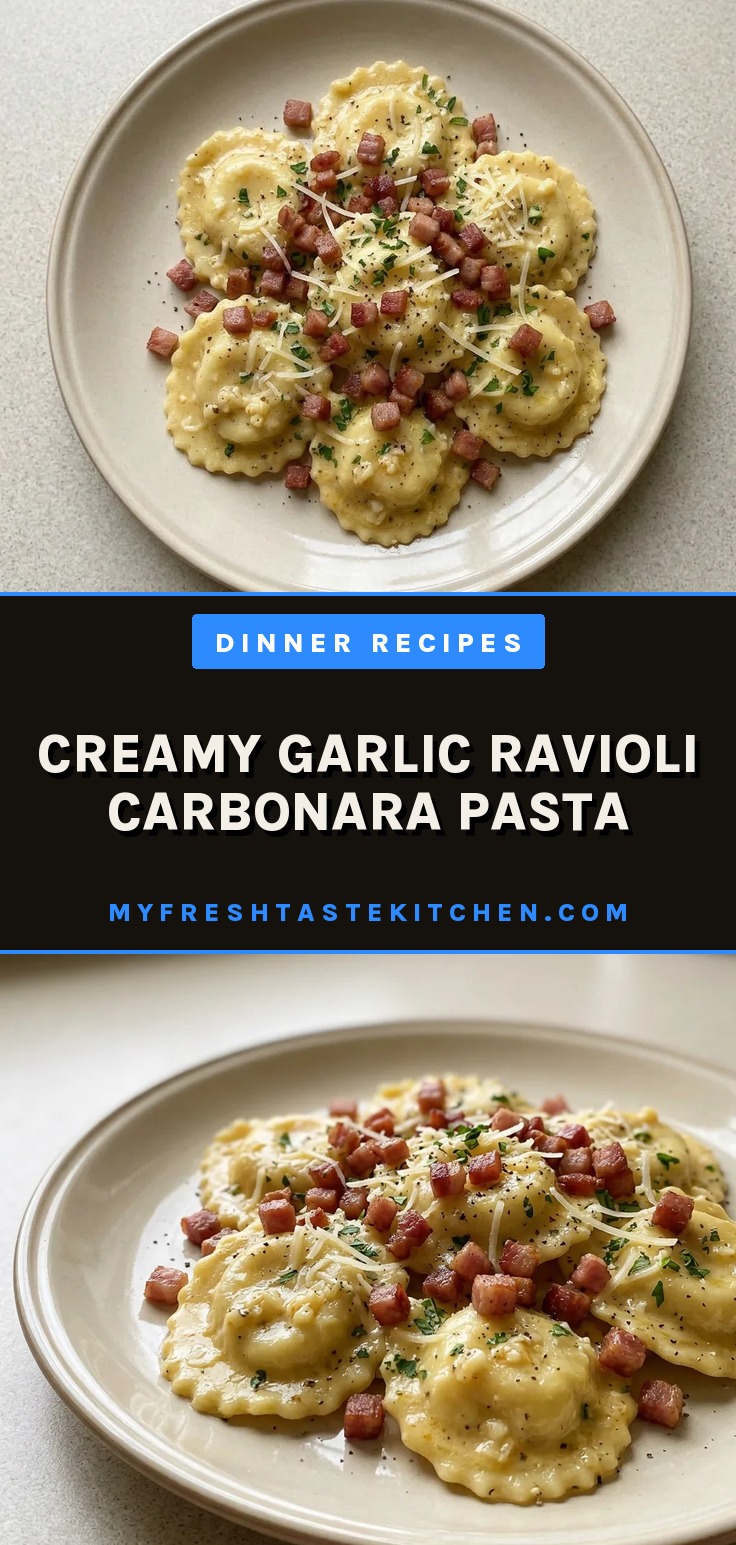 Overhead shot of creamy ravioli carbonara topped with pancetta, Parmesan, and garlic.
