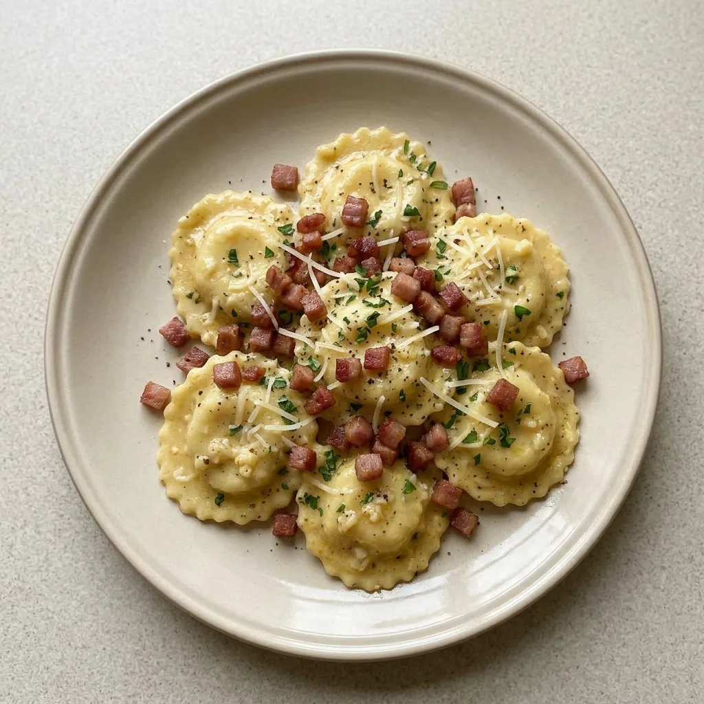 Plated ravioli carbonara with garlic and pancetta, garnished with Parmesan.