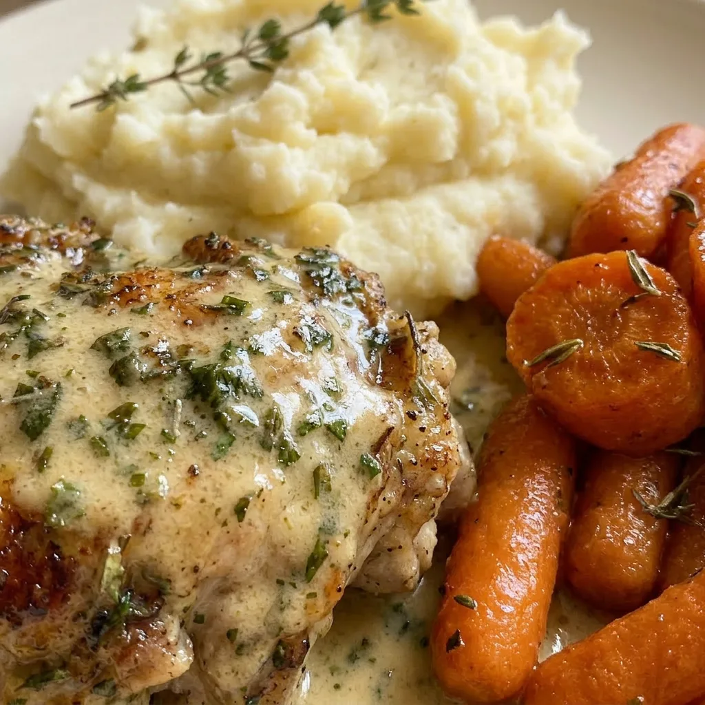 Close view of chicken breast in creamy sauce with mashed potatoes and glazed carrots, garnished with herbs and Parmesan.