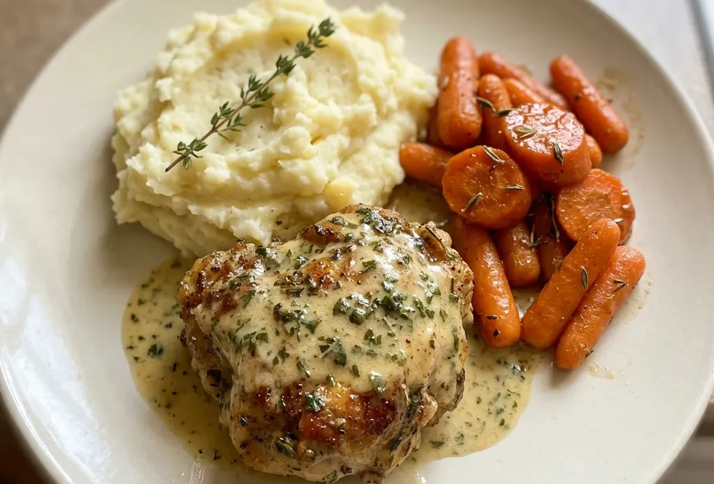 Overhead shot of creamy herb chicken with mashed potatoes and glazed carrots, topped with Parmesan and herbs.