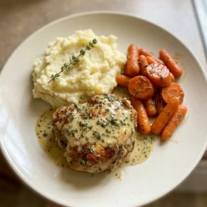Overhead shot of creamy herb chicken with mashed potatoes and glazed carrots, topped with Parmesan and herbs.