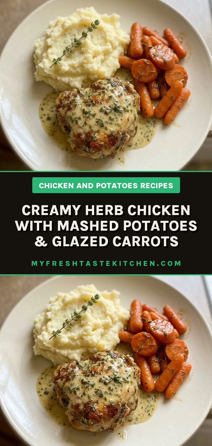 Overhead shot of creamy herb chicken with mashed potatoes and glazed carrots, topped with Parmesan and herbs.