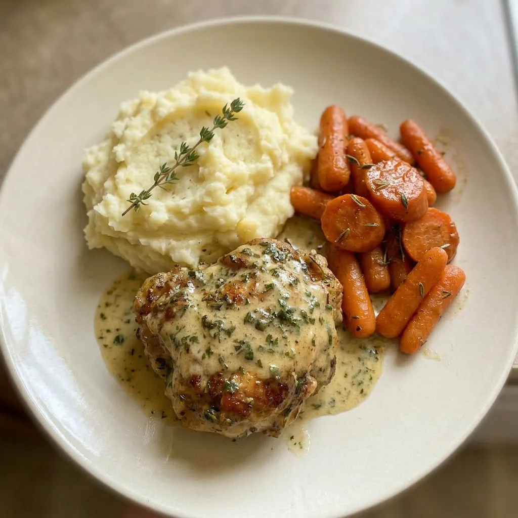 Plated creamy herb chicken with mashed potatoes and glazed carrots, drizzled with cream sauce and sprinkled with herbs.
