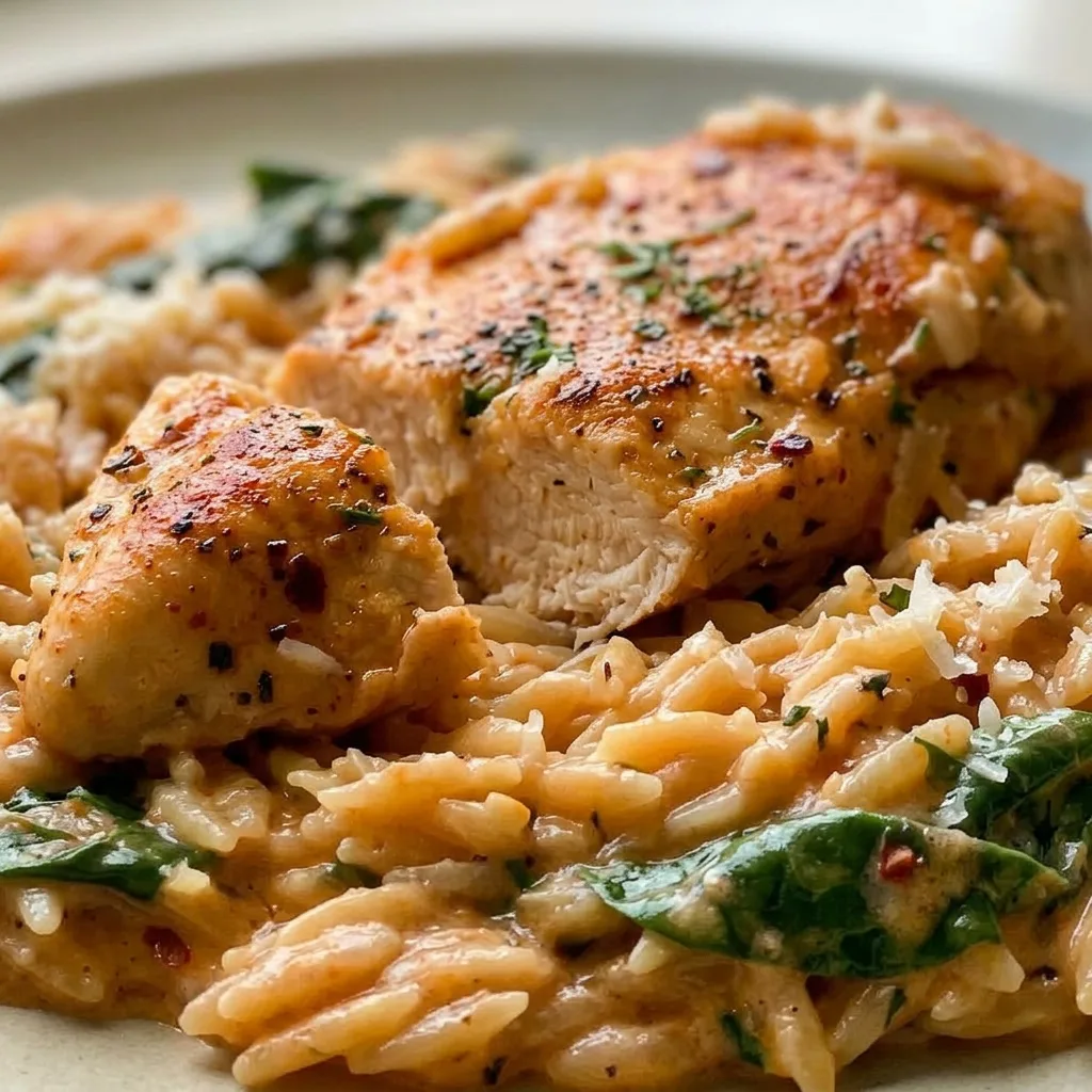 Macro detail of orzo coated in creamy sauce with visible parmesan, spinach, and tomato paste, topped with chicken.