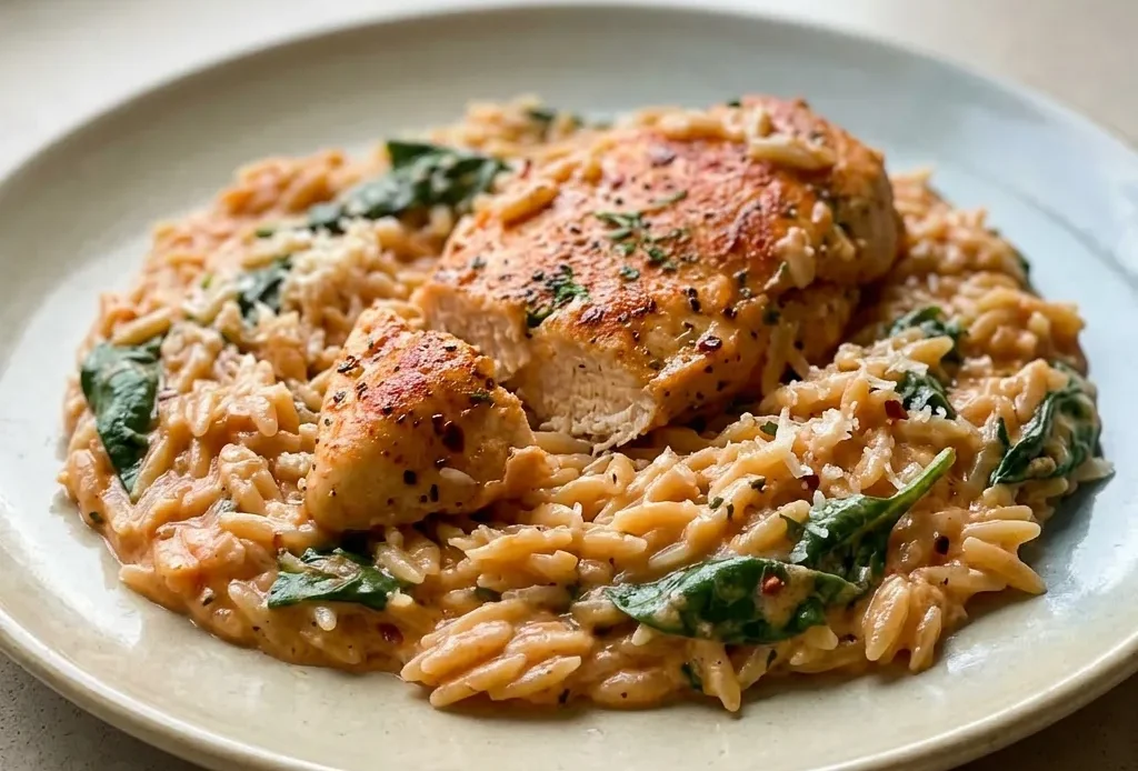 Top-down look at creamy orzo with chicken, spinach, and parmesan, garnished with lemon wedges.