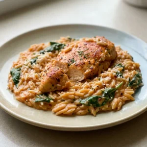 Top-down look at creamy orzo with chicken, spinach, and parmesan, garnished with lemon wedges.