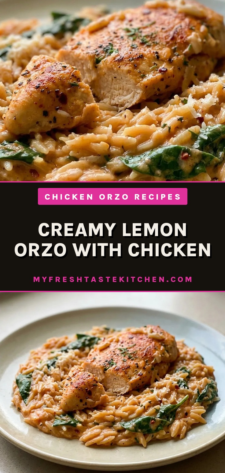Top-down look at creamy orzo with chicken, spinach, and parmesan, garnished with lemon wedges.