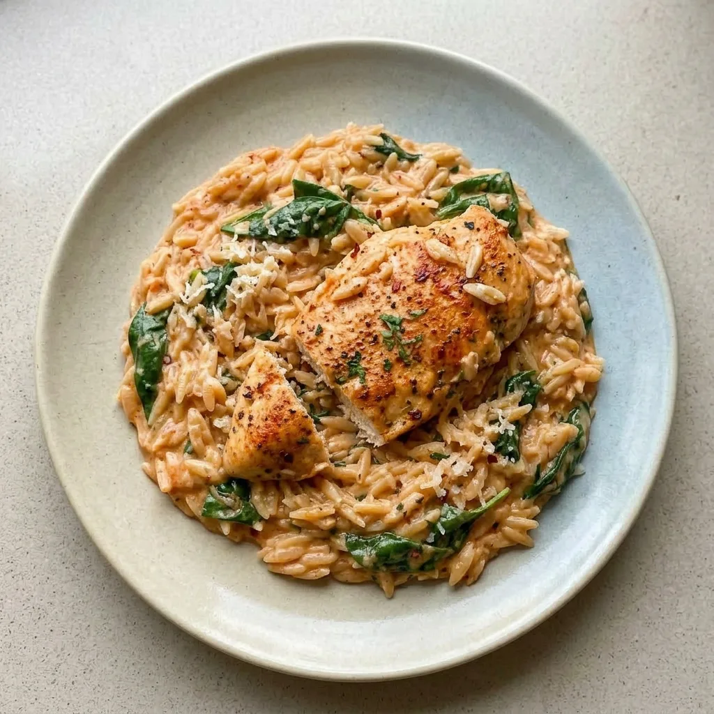 A serving of lemon orzo with chicken, creamy sauce, spinach, and parmesan, with a lemon wedge on the side.