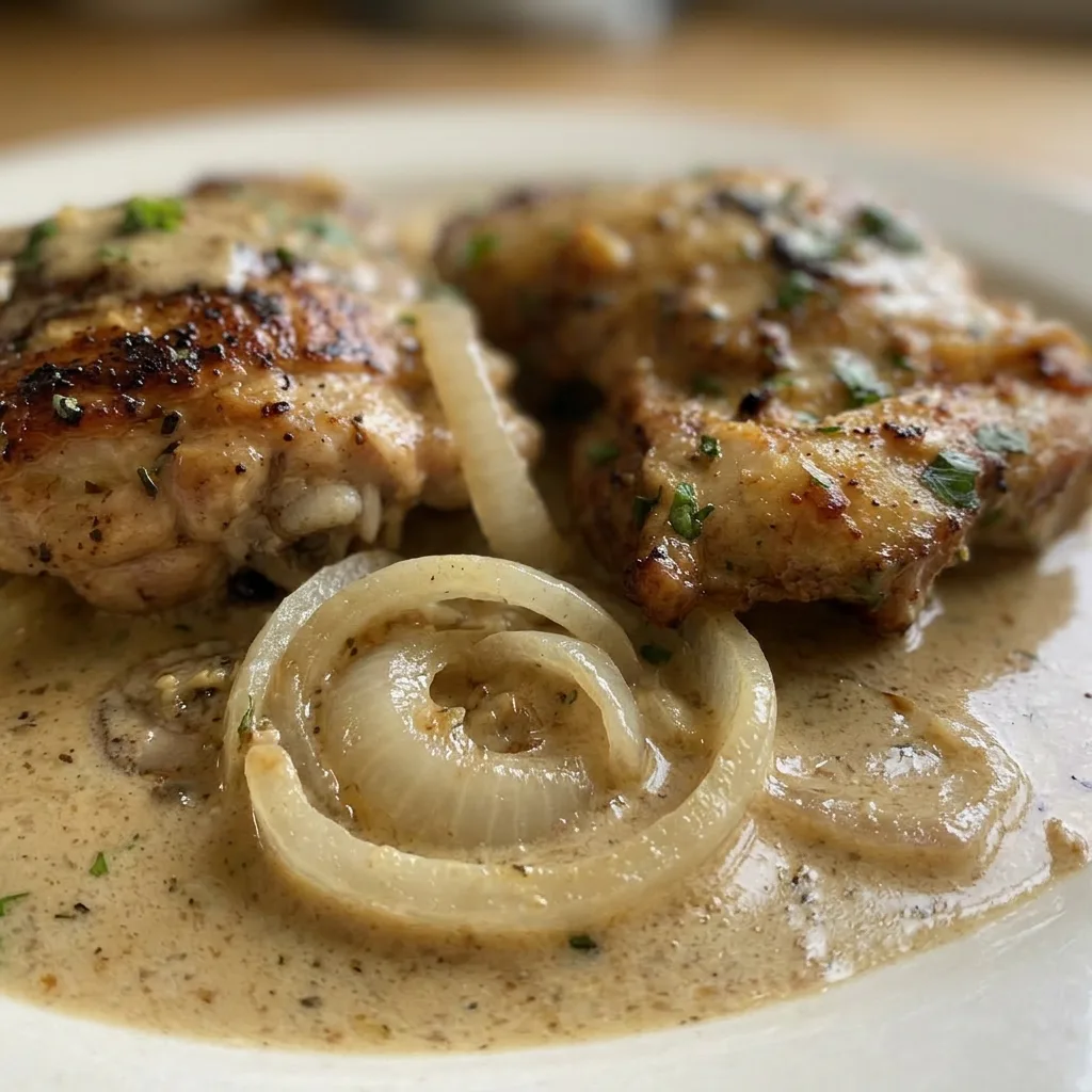 Close view of a chicken thigh coated in thick Dijon mustard sauce, with visible coconut cream swirls and onion bits.