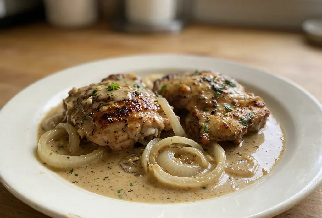Overhead shot of three chicken thighs in creamy mustard sauce, topped with chopped parsley and garlic slices.