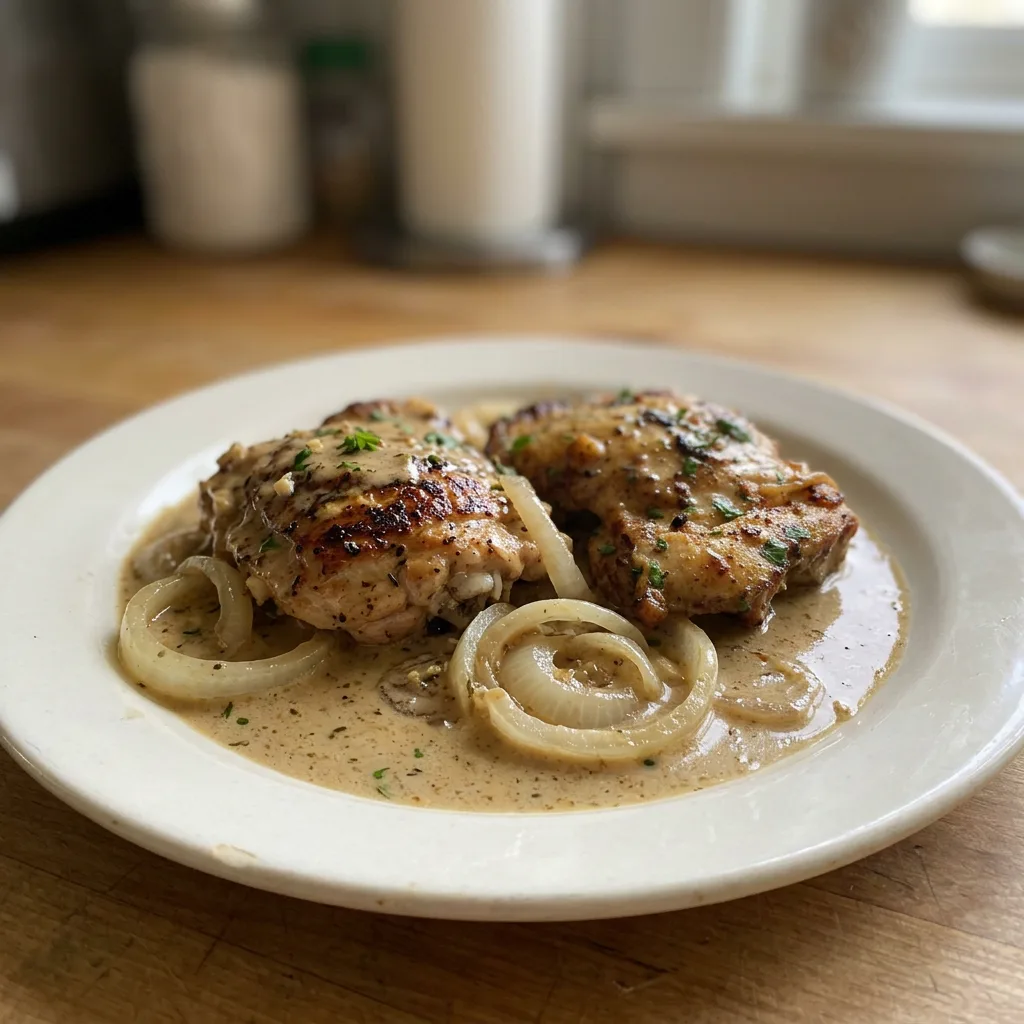 Overhead shot of three chicken thighs in creamy mustard sauce, topped with chopped parsley and garlic slices.