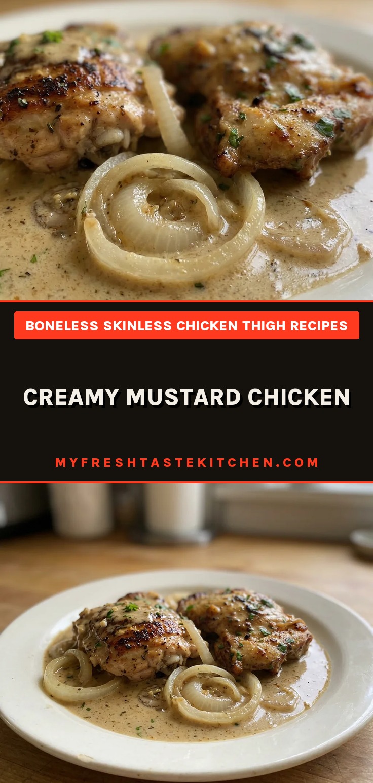 Overhead shot of three chicken thighs in creamy mustard sauce, topped with chopped parsley and garlic slices.