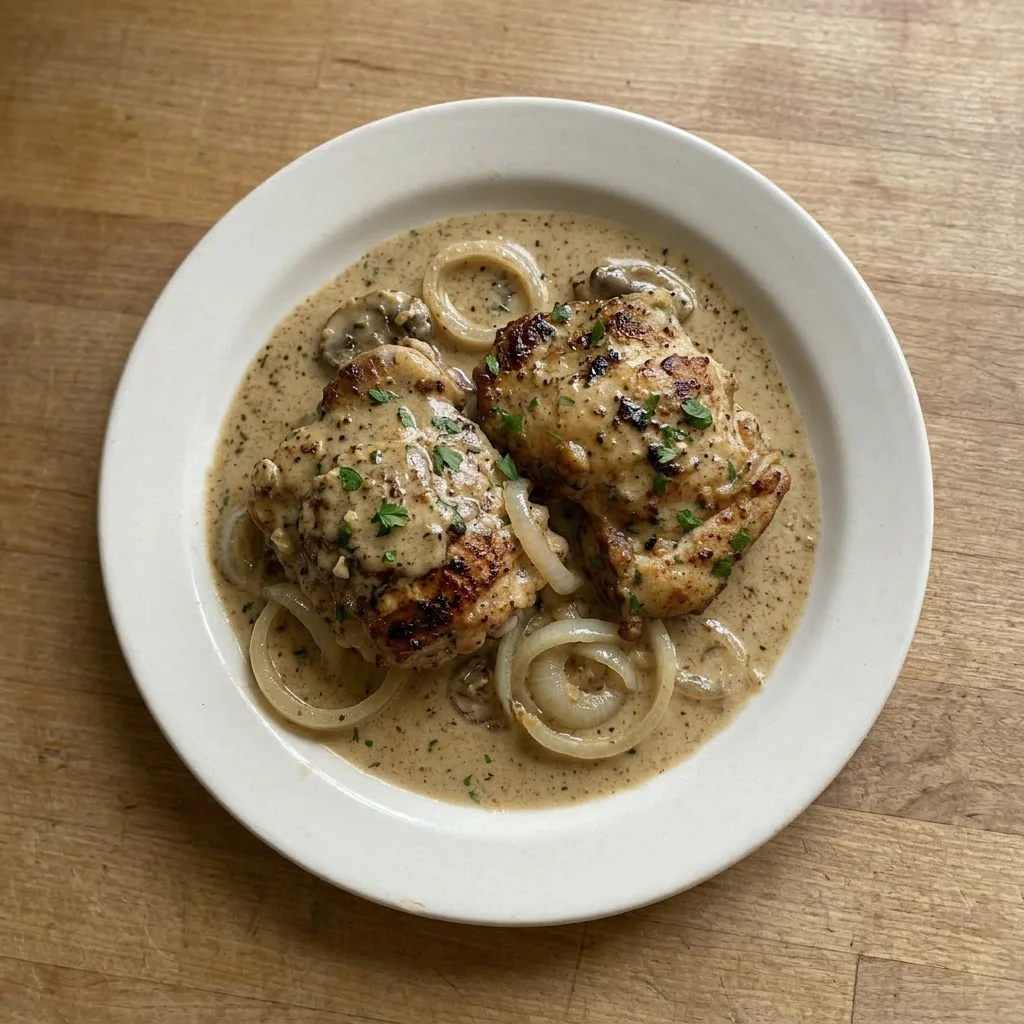 Plated chicken thigh with golden brown skin, drizzled with creamy mustard sauce and garnished with fresh herbs.