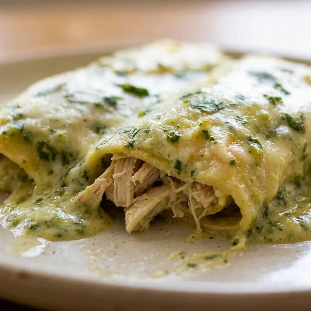 Up close, a single enchilada with melted cheese, poblano pepper strips, and a sprinkle of cilantro, with a lime wedge on the side.