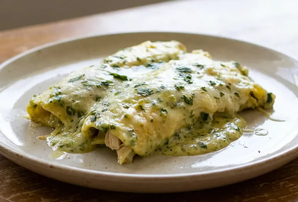 Looking down at three rolled corn tortillas topped with creamy green sauce, shredded chicken, melted pepper jack cheese, and fresh cilantro.