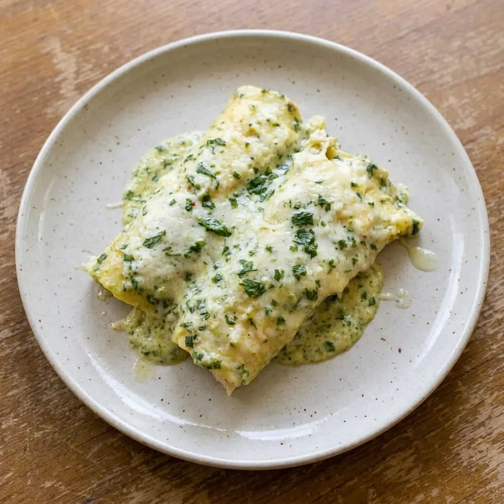 A plate of three chicken enchiladas covered in creamy poblano sauce, garnished with cilantro and lime wedges, cheese melted on top.