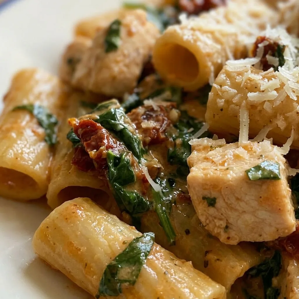 Up close, a fork twirls rigatoni coated in creamy sauce with parmesan, chicken, and sun-dried tomatoes.
